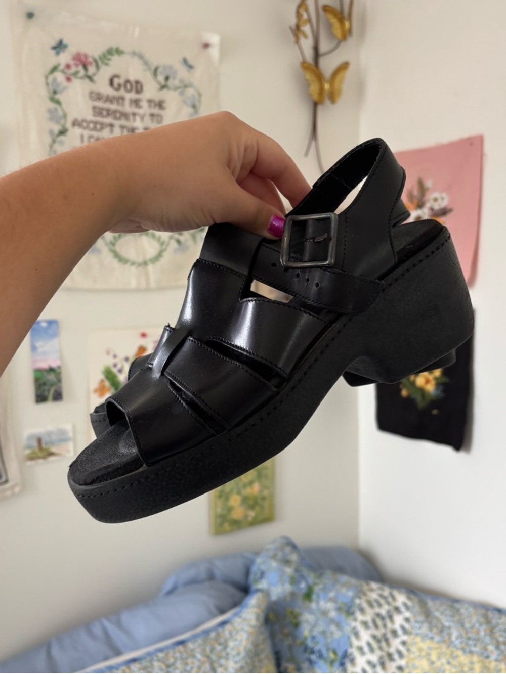 Black leather Women's Platform Fisherman Sandals - Picture 5 of 9